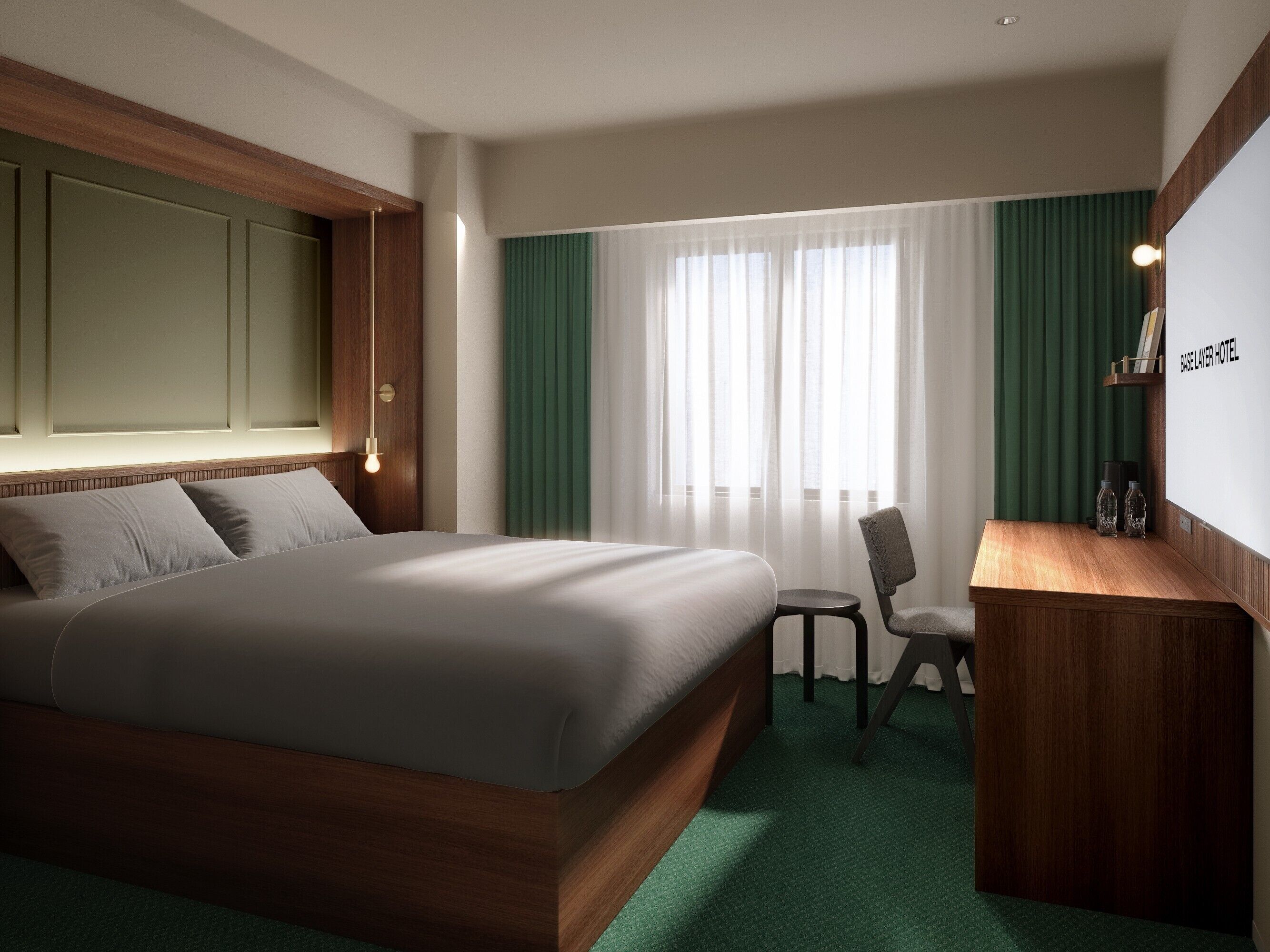 A hotel room with a large bed, a desk, a chair, and a window with curtains.