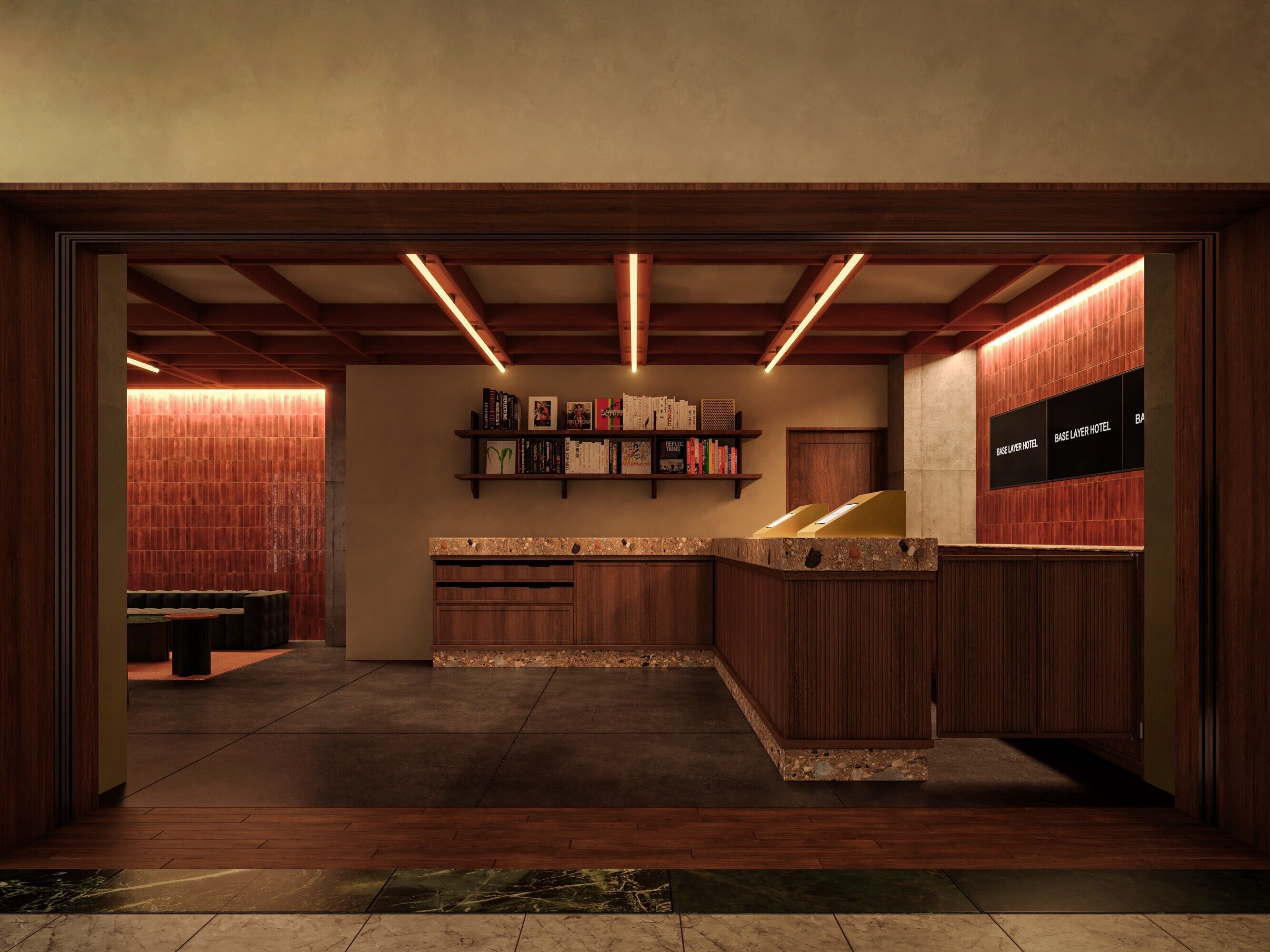 A modern hotel lobby with a wooden reception desk, a bookshelf with books, and a sign indicating the hotel name.