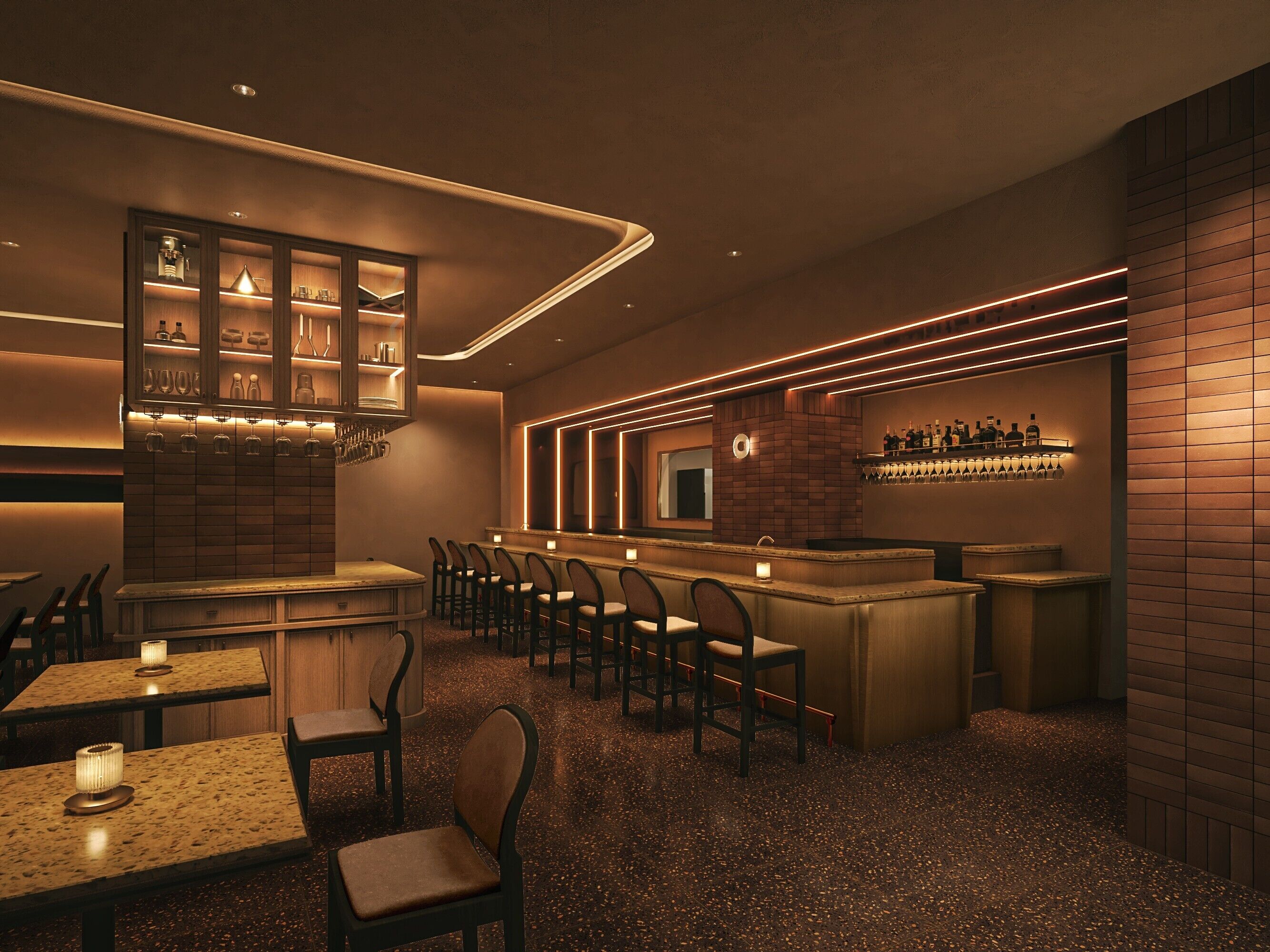 A bar area with seating and a counter, featuring a modern design with ambient lighting.