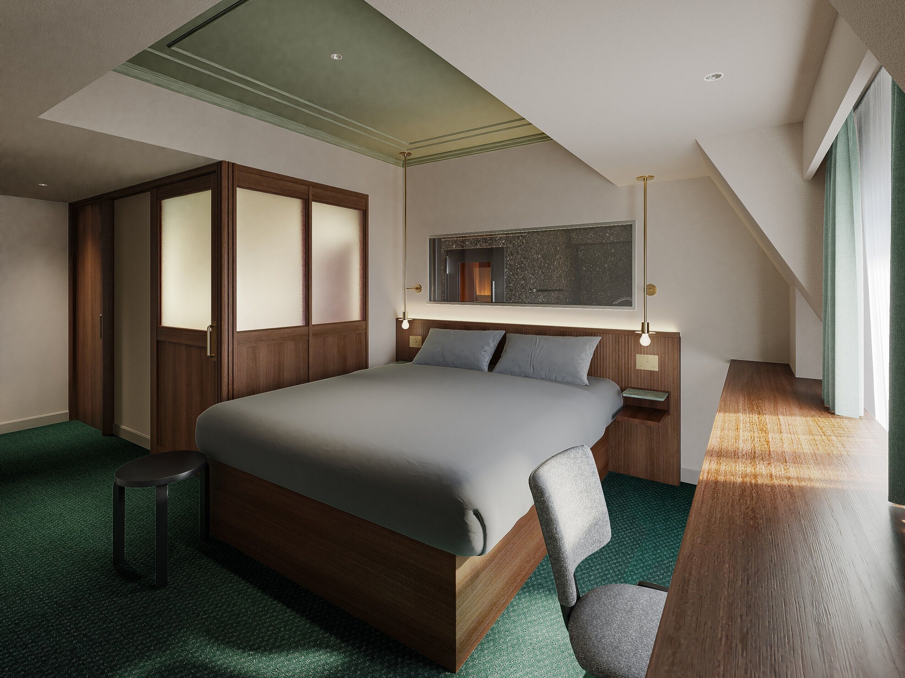 A modern hotel room with a large bed, a desk, a chair, a wardrobe, and a mirror on the wall.