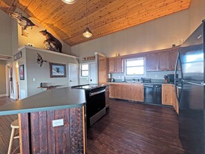 A modern kitchen with wooden cabinets, a stainless steel refrigerator, and a wooden ceiling. - On Top of the World- Amazing Views (Bryson City)