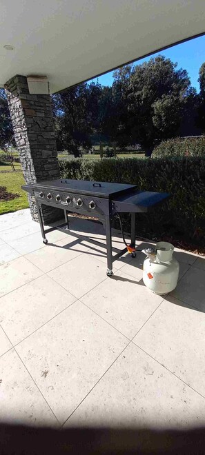 Ein Grillplatz im Freien mit einem Steinpfeiler, einer Gasflasche und blauem Himmel im Hintergrund.