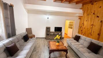 A spacious living room with two sofas, a coffee table, and a TV stand.