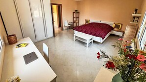 Un dormitorio con cama, escritorio, silla y ventilador de techo.