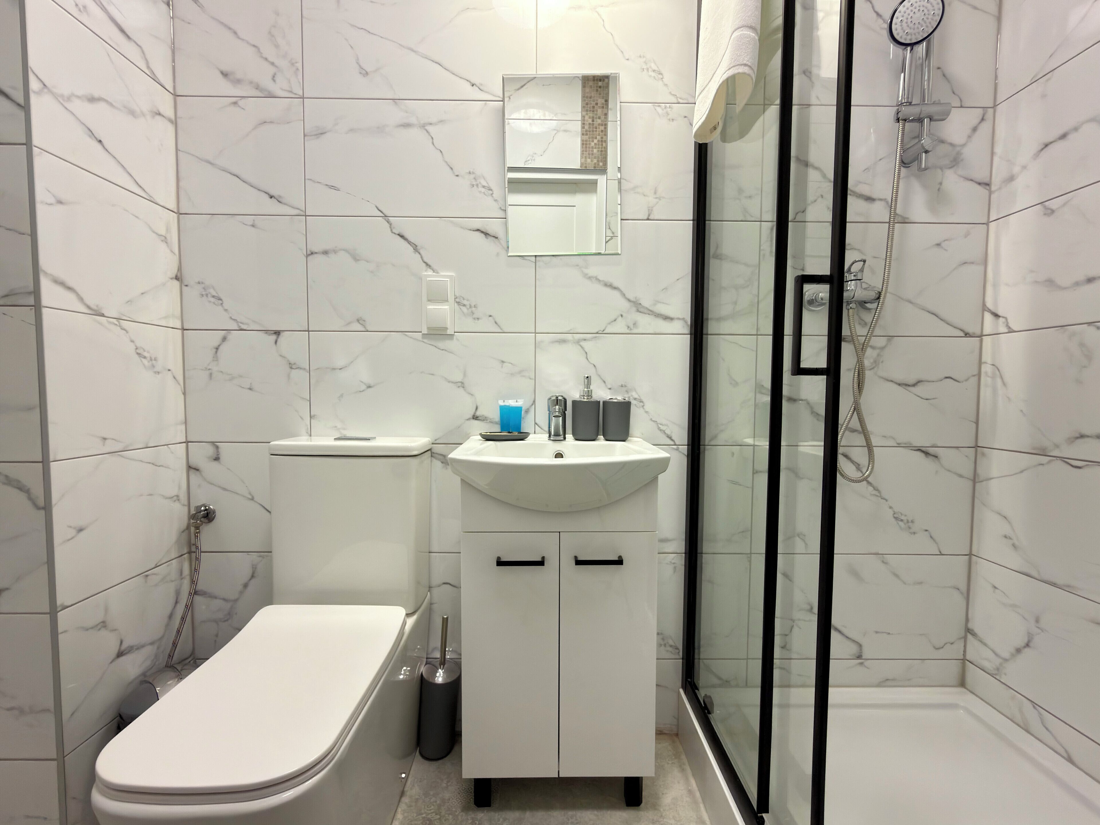 Een badkamer met toilet, wastafel en douche.
