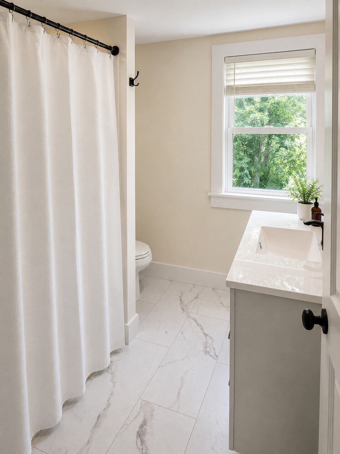 Hair dryer, towels, soap, toilet paper