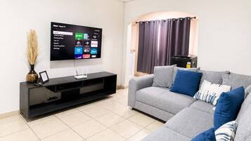 A living room with a flat-screen TV mounted on the wall, a grey sofa with blue cushions, a black entertainment unit, and a window with curtains.