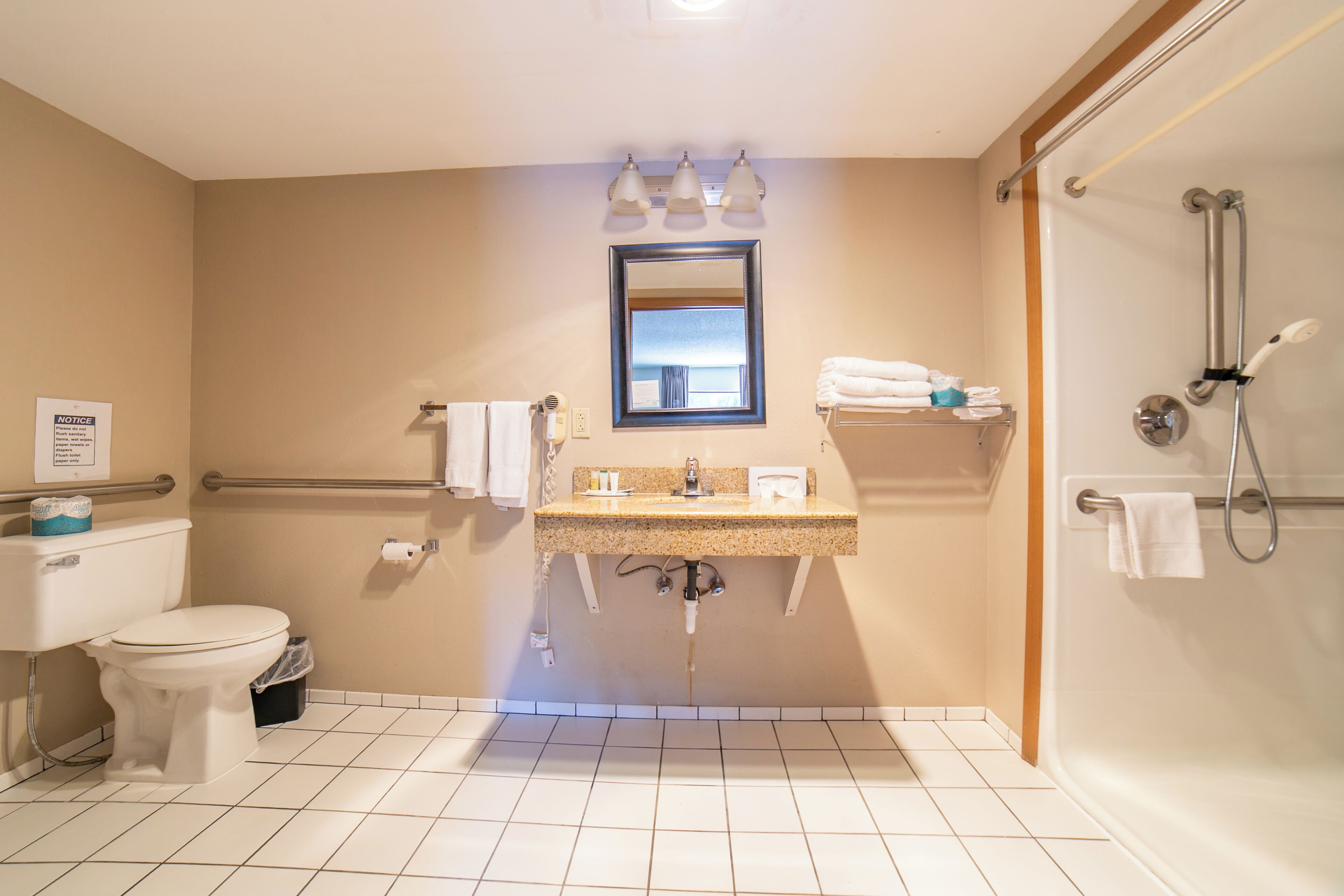 Habitación doble, 1 cama de matrimonio grande, barras de apoyo en la ducha, no fumadores | Baño | Secador de pelo, toallas, jabón y champú