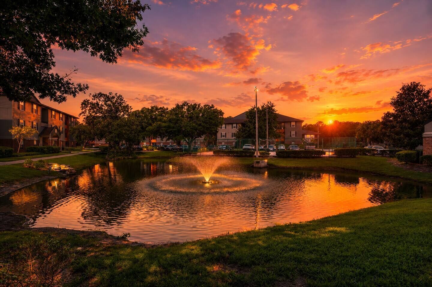 A tranquil outdoor setting with a fountain, a pond, and buildings in the background.