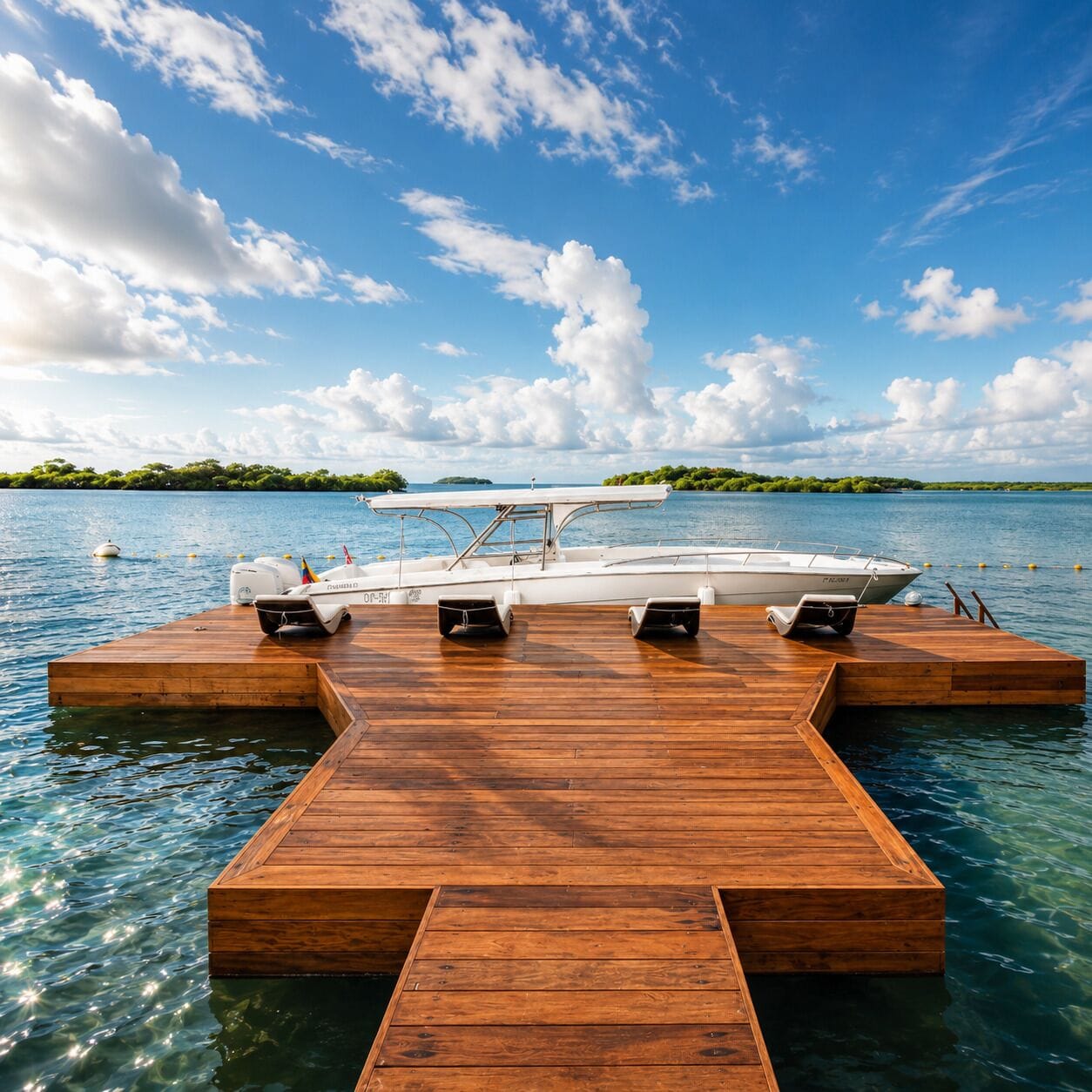 A wooden dock extending into a calm body of water with a boat moored at the end.