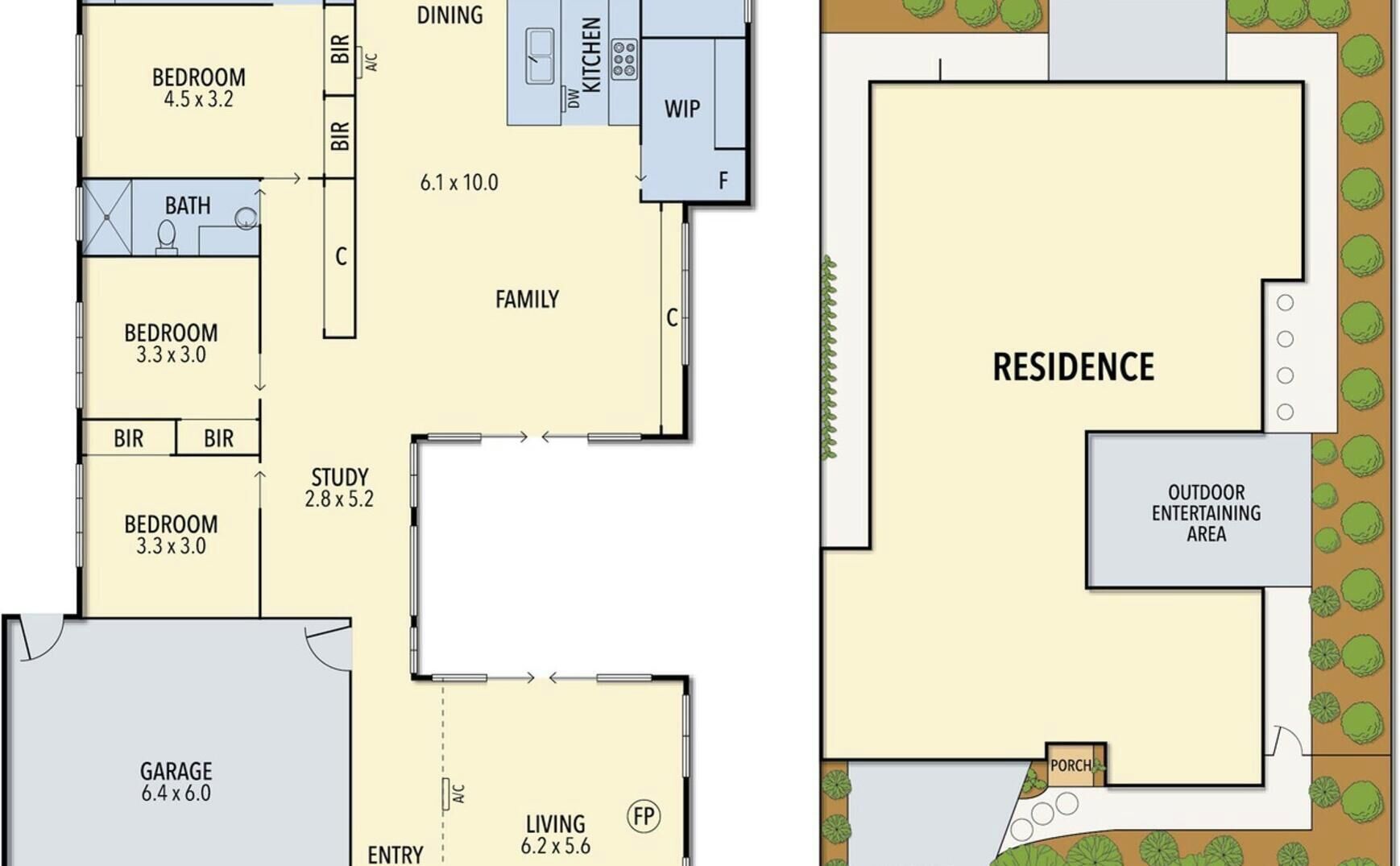 Een plattegrond van een woning met een werkkamer, twee slaapkamers, een eetruimte, een keuken, een badkamer, een garage en een terras.