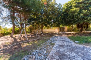 Ein gepflasterter Weg führt durch einen Garten mit Bäumen und einem Tor.