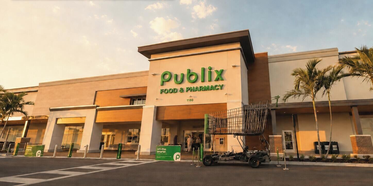A Publix Food & Pharmacy store with a large sign, a parking lot, and a shopping cart outside.