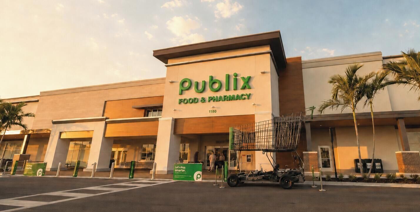 Un magasin Publix, qui vend des produits alimentaires et des médicaments, avec une grande enseigne, un parking et un chariot de courses à l'extérieur.