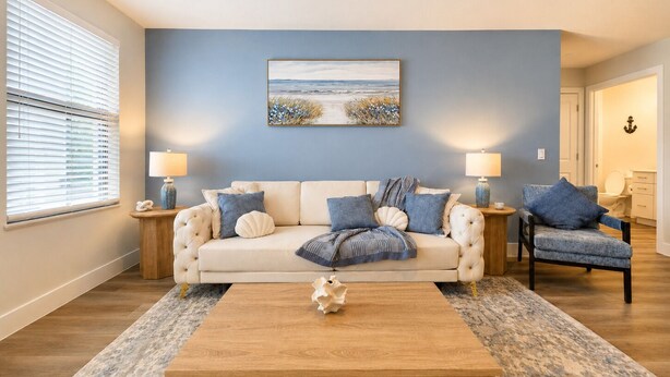 A living room with a beige sofa, two side tables with lamps, a coffee table, and a painting of a beach scene on the wall. - Luxury North Retreat with Pool and Gym (Naples)