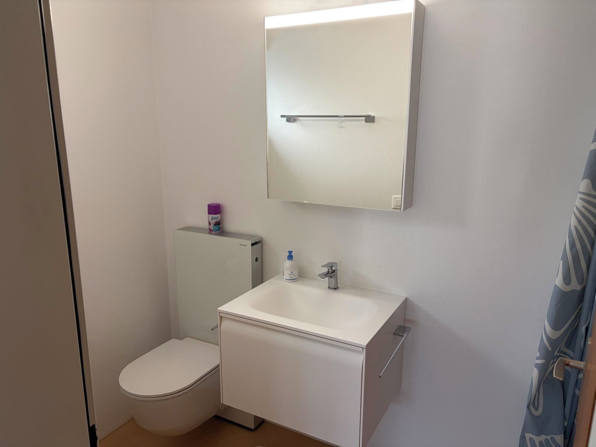 Une petite salle de bain propre, équipée de toilettes, d’un lavabo et d’un miroir.