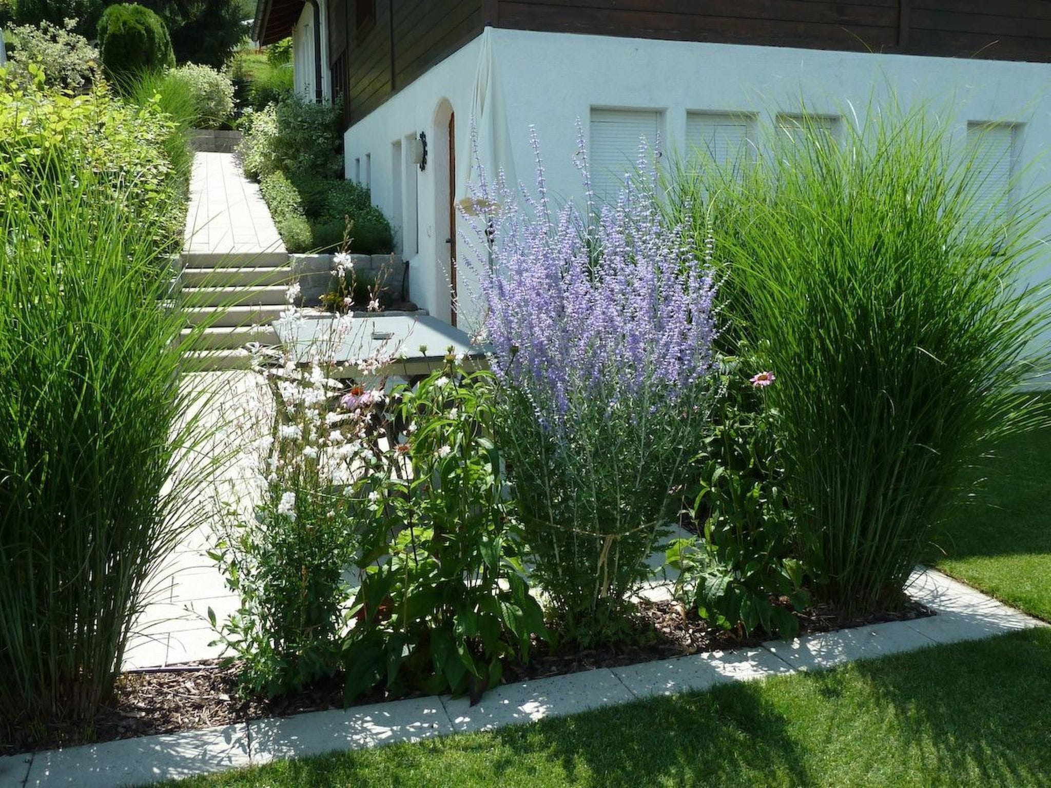 A residential driveway leading to a house with a white exterior and a covered garage.