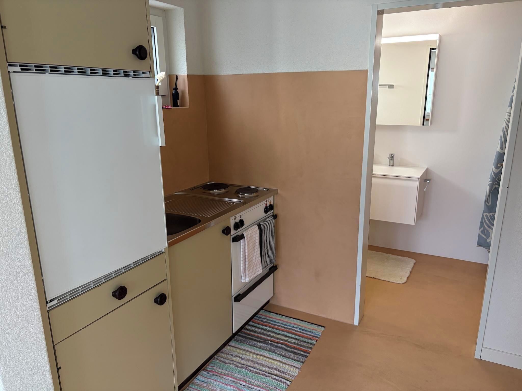 Una cocina compacta con estufa, horno y lavamanos.