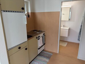 Una cocina compacta con estufa, horno y lavamanos.