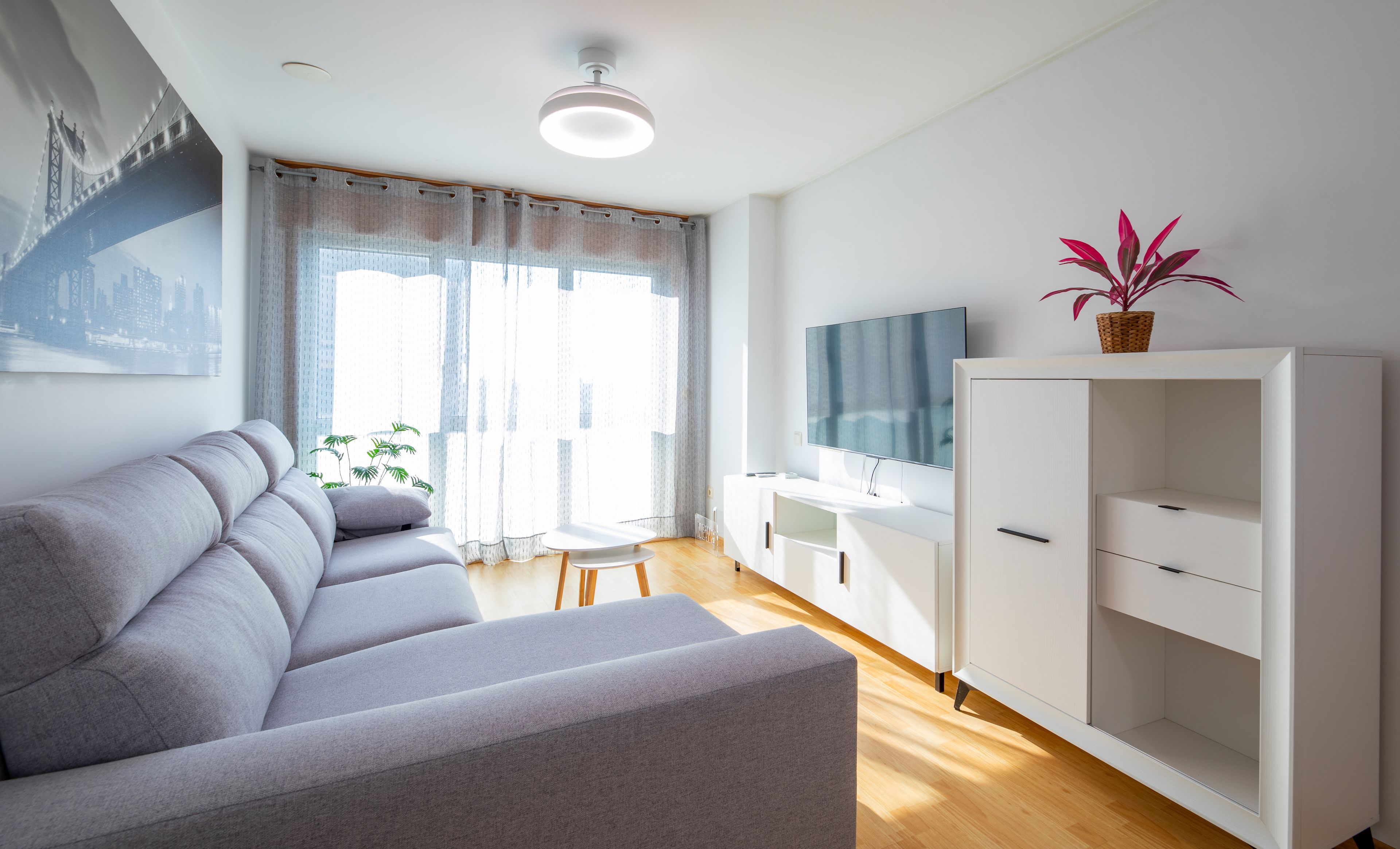 A modern living room with a grey sofa, a white TV stand, and a wooden floor.