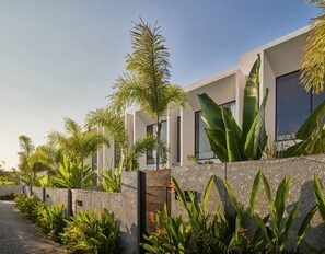 Un edificio moderno con fachada de piedra, ventanas amplias y plantas tropicales.