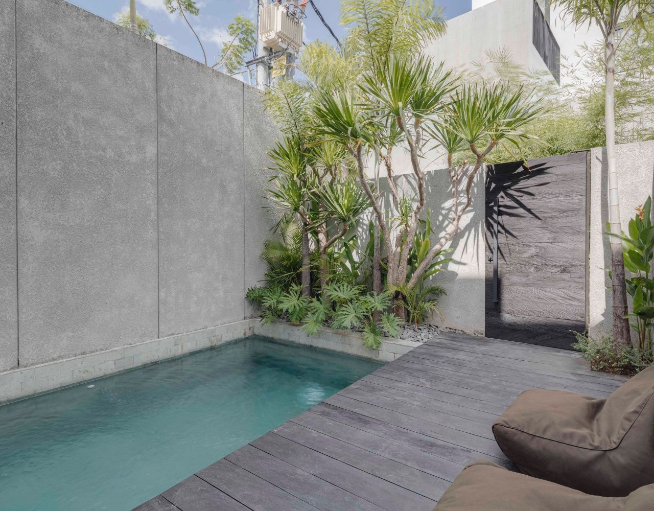 Área de piscina com muro de concreto, deck de madeira e diversas plantas.