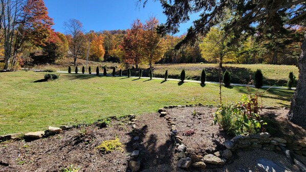 A landscaped garden with a stone pathway, neatly trimmed hedges, and a variety of trees.