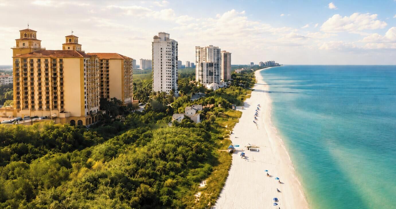 A coastal area with high-rise buildings, a beach, and dense greenery.