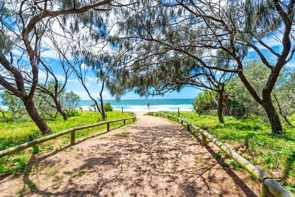A sandy pathway leading to a beach with a wooden fence on either side, surrounded by greenery and trees.