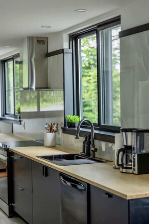 Une cuisine moderne dotée d’un grand îlot central, d’appareils électroménagers en acier inoxydable et d’une fenêtre offrant une vue sur la verdure.