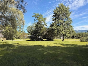A grassy area with a volleyball net, surrounded by trees and a clear sky.