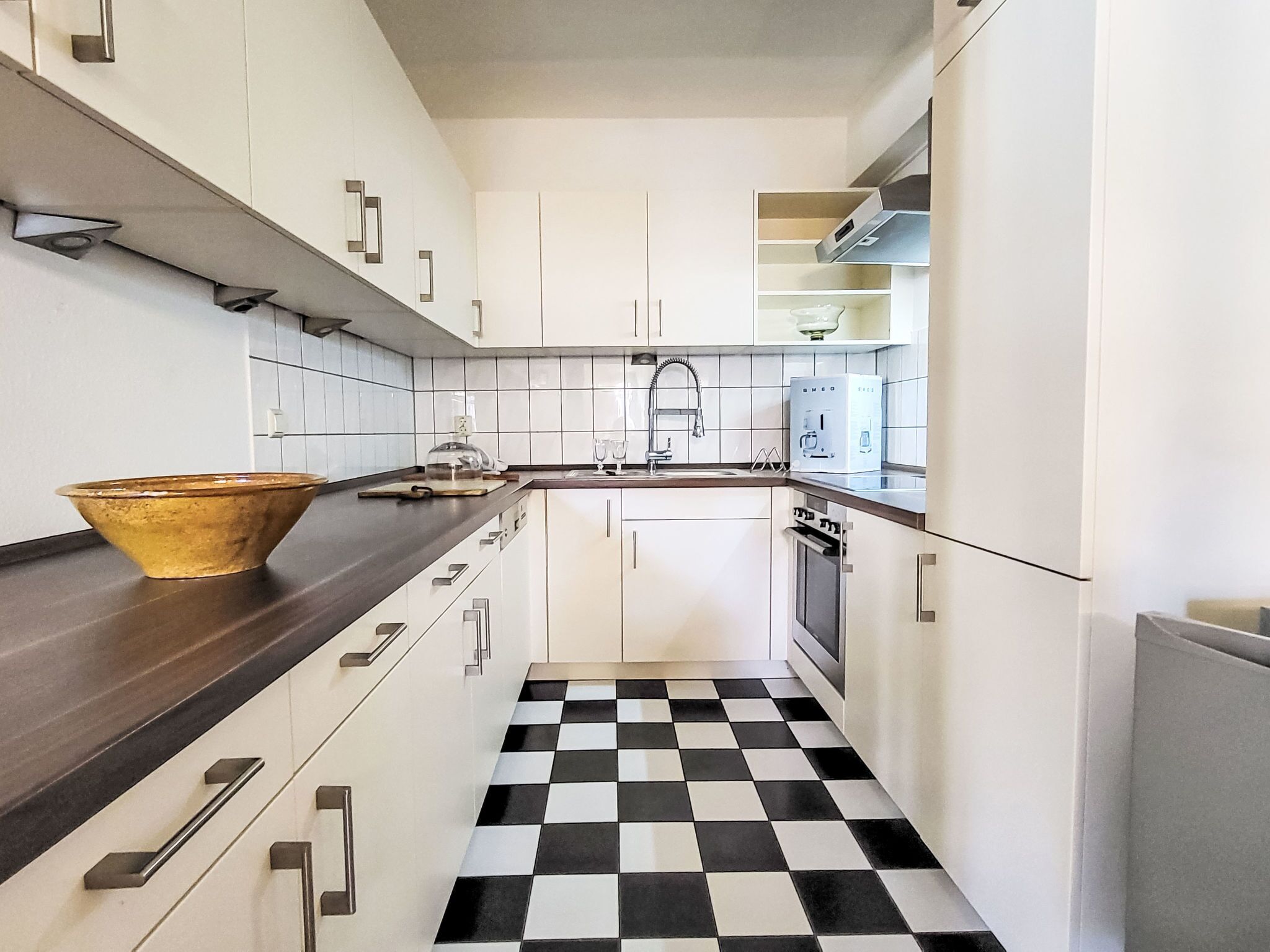 Fridge, oven, dishwasher, cookware/dishes/utensils
