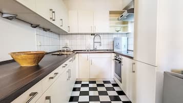 Fridge, oven, dishwasher, cookware/dishes/utensils