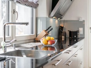 A modern kitchen with a stainless steel sink, a bowl of fruit, and a knife block.