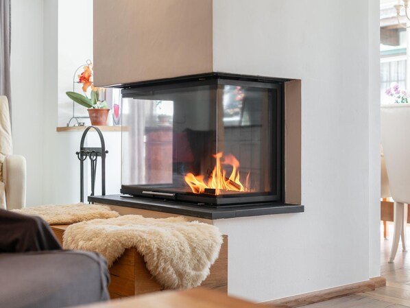 A modern fireplace with a glass front, a wooden bench in front, and a potted plant to the left.