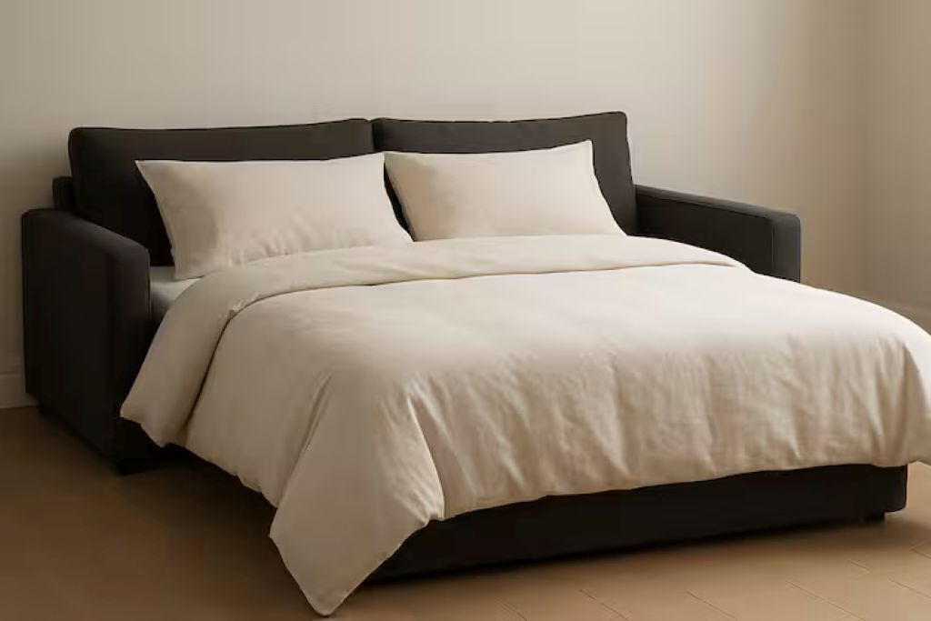 Ein modernes Bett mit dunklem Kopfteil und zwei Kissen, in einem Zimmer mit schlichter Wand und Holzboden.