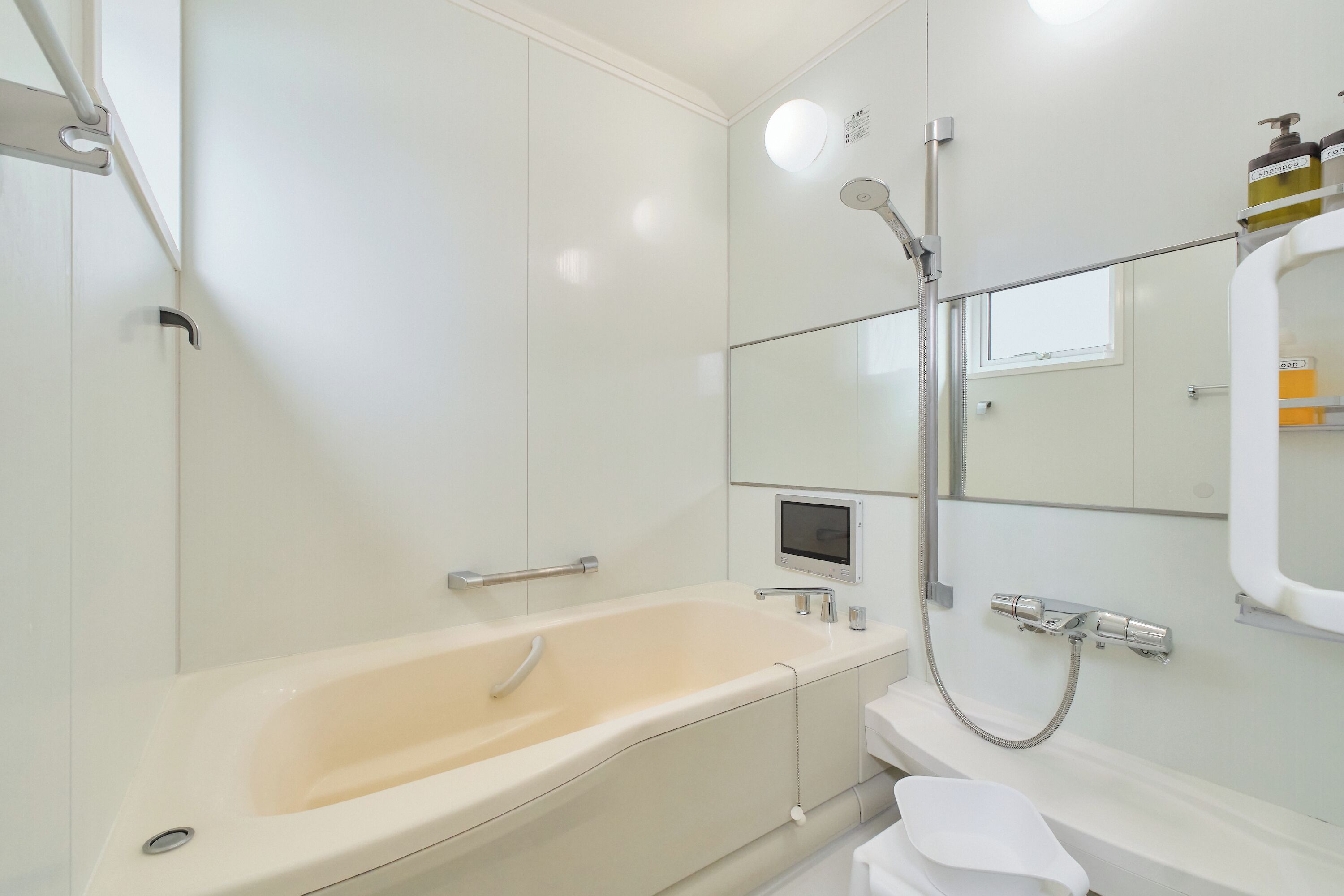 A modern bathroom with a bathtub, a toilet, a shower, and a mirror.