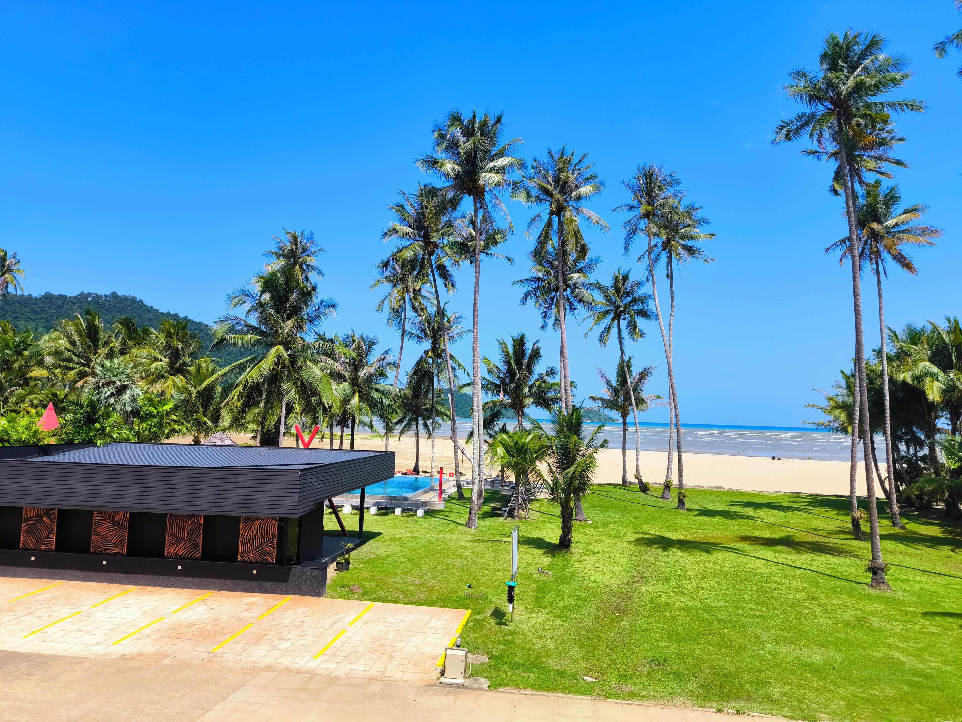 A modern building with a flat roof, surrounded by a well-maintained lawn and tall palm trees.