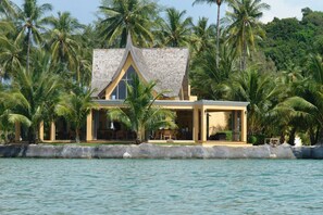 A beachfront property with a triangular roof, palm trees, and a water body in the foreground.