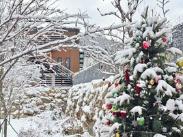 A snow-covered outdoor area with a Christmas tree decorated with ornaments.