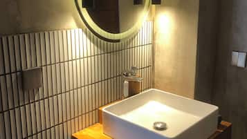 Hair dryer, bidet, towels, soap
