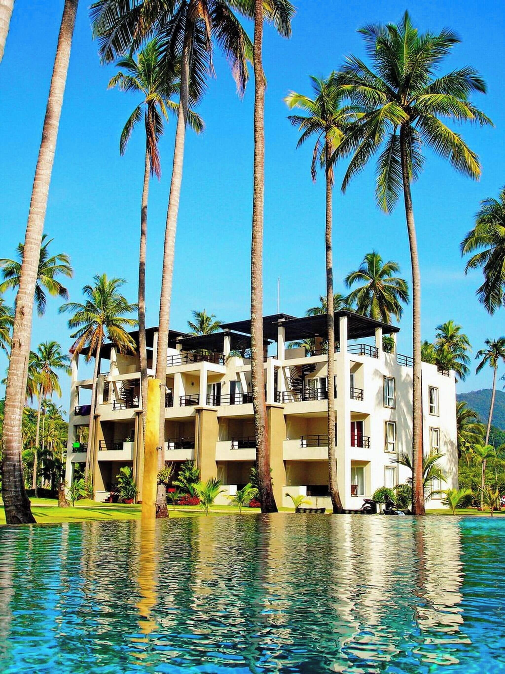A multi-story hotel with balconies, surrounded by palm trees and a swimming pool.