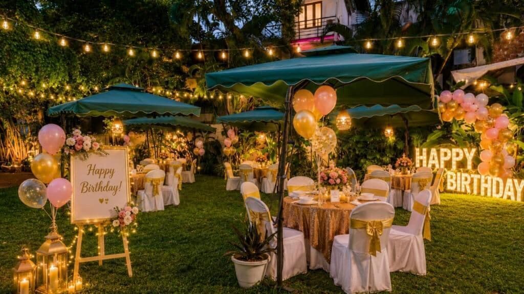 Decoración para una fiesta de cumpleaños al aire libre, con mesas, sillas y luces colgantes.