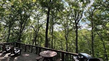 Eine Holzterrasse mit Grill, Picknicktisch und Stühlen, umgeben von dichtem Baumbestand.