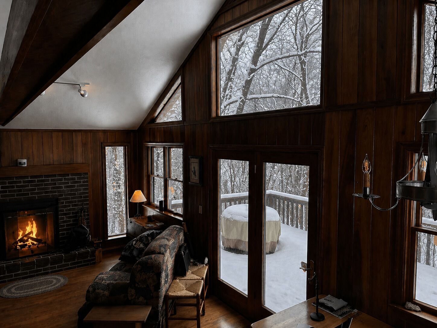 Un intérieur chaleureux avec une cheminée, des murs en bois et de grandes fenêtres donnant sur une terrasse enneigée.