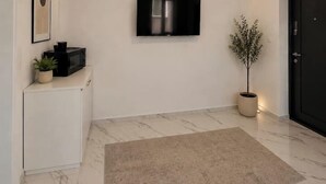 Ein modernes Interieur mit einem Wand-Fernseher, einem Blumentopf, einer weißen Konsole und einer dunklen Tür.