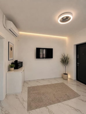 Ein modernes Interieur mit einem Wand-Fernseher, einem Blumentopf, einer weißen Konsole und einer dunklen Tür.