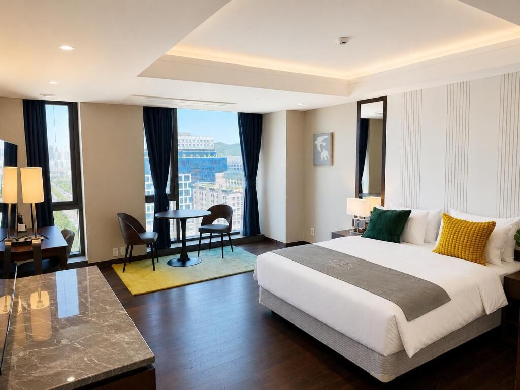 Habitación de hotel con una cama grande, un escritorio, una silla y vistas a la ciudad.