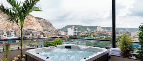 A hot tub with a city view, surrounded by potted plants and a palm tree.