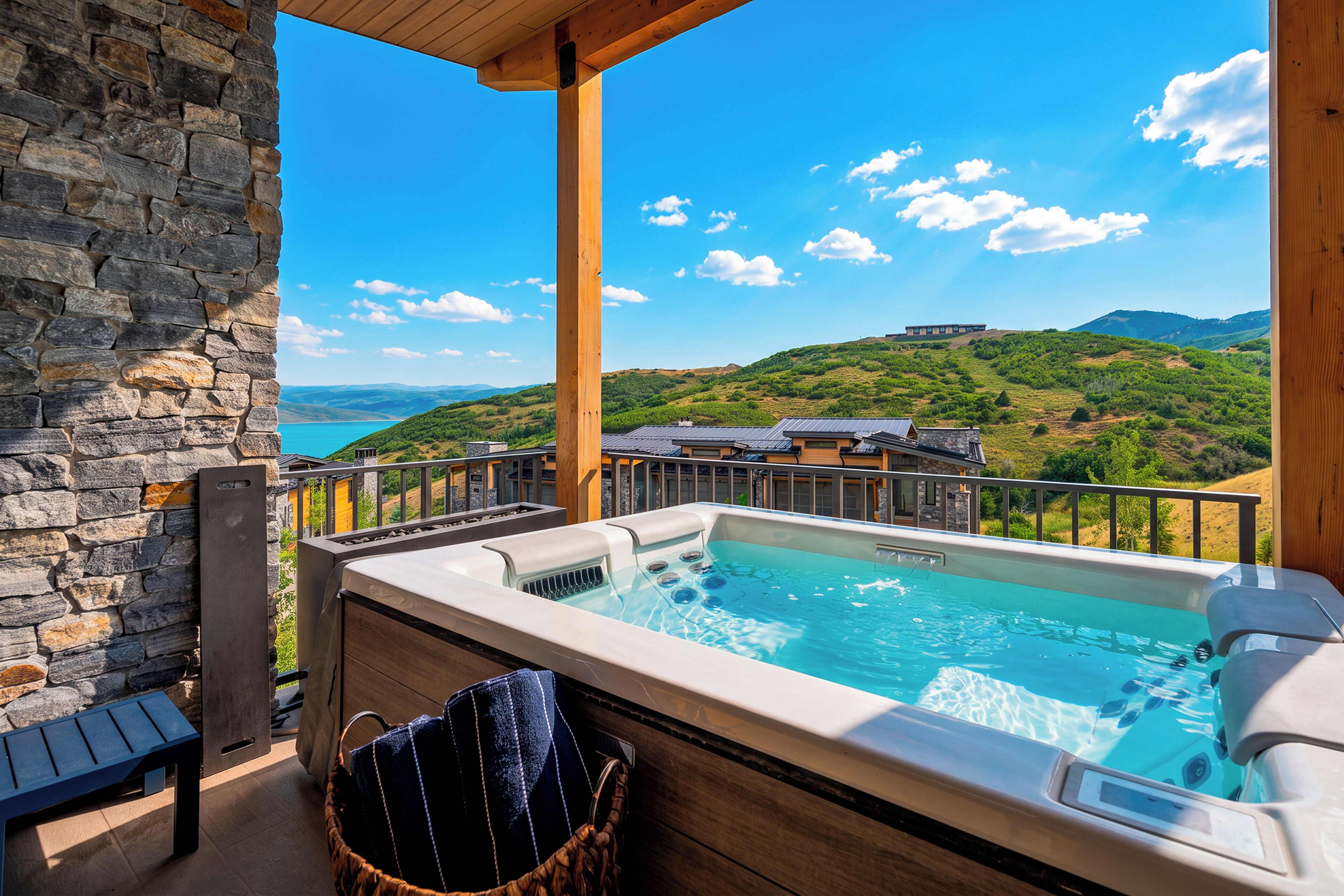 Ein Whirlpool auf einem Balkon mit einer Steinmauer, Holzmöbeln und Blick auf einen Hügel und ein Gebäude.